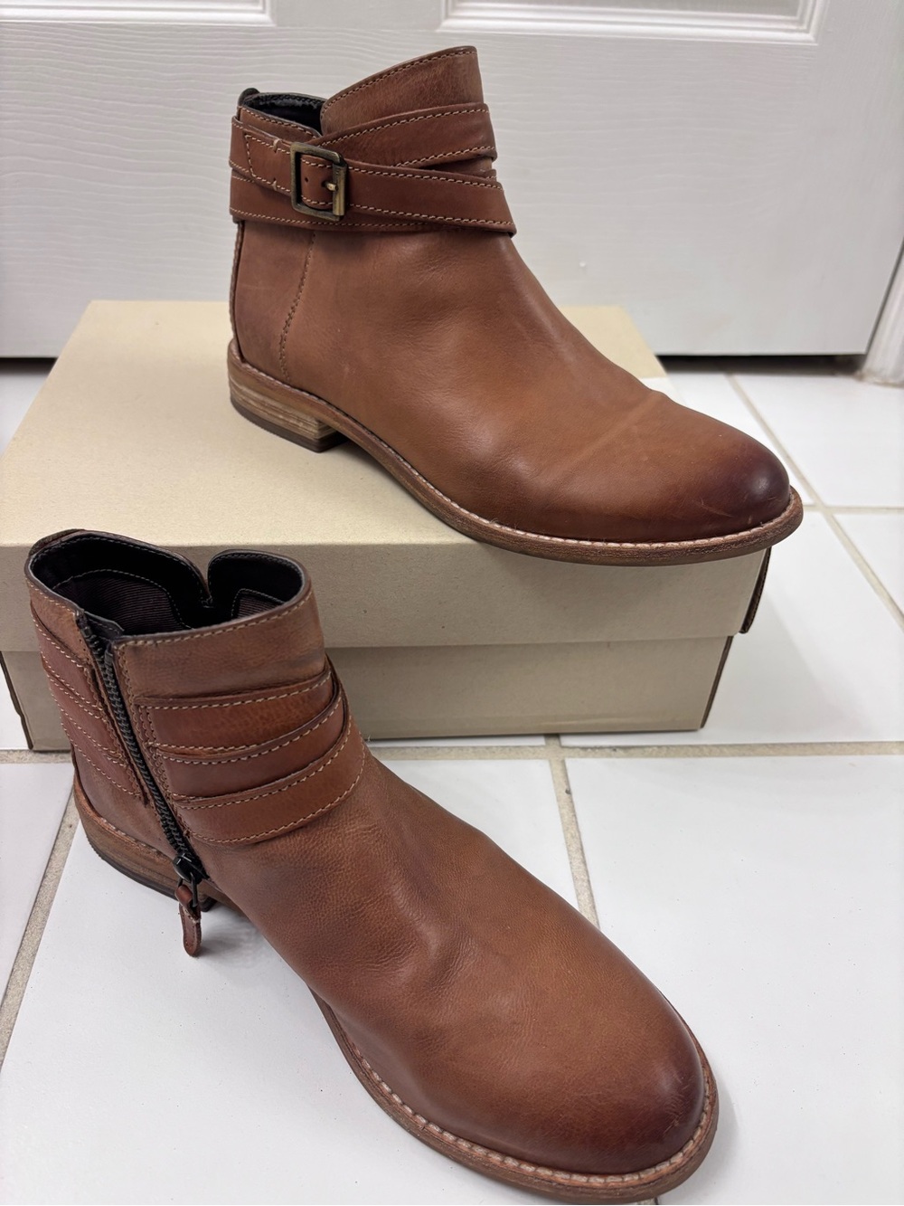 Clarks Tan Leather Ankle Booties with Buckle Strap - Picture 5 of 11